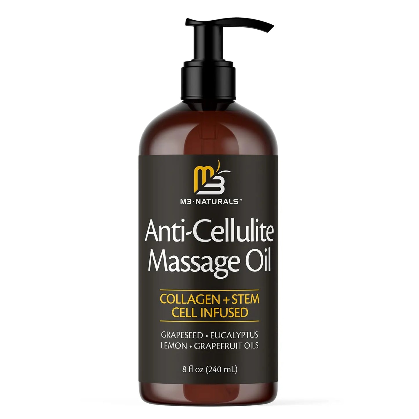 M3 Naturals Cellulite Massage Oil 8Oz - Smooth the Appearance of Cellulite - Body Care & Skin Care Massage Oil - Topical Collagen and Plant Stem Cell Body Oil to Restore Texture and Elasticity - Soothing Body Oil