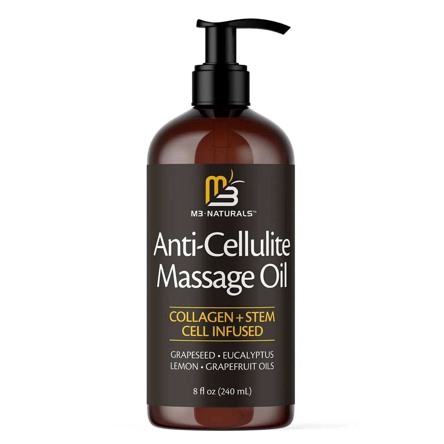 M3 Naturals Cellulite Massage Oil 8Oz - Smooth the Appearance of Cellulite - Body Care & Skin Care Massage Oil - Topical Collagen and Plant Stem Cell Body Oil to Restore Texture and Elasticity - Soothing Body Oil