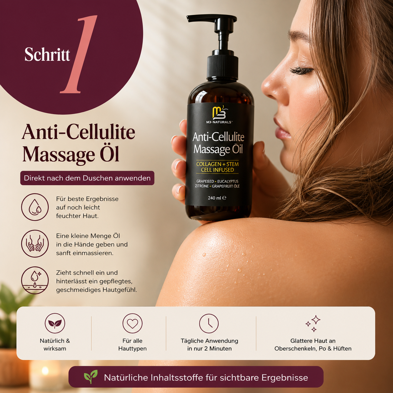 M3 Naturals Cellulite Massage Oil 8Oz - Smooth the Appearance of Cellulite - Body Care & Skin Care Massage Oil - Topical Collagen and Plant Stem Cell Body Oil to Restore Texture and Elasticity - Soothing Body Oil