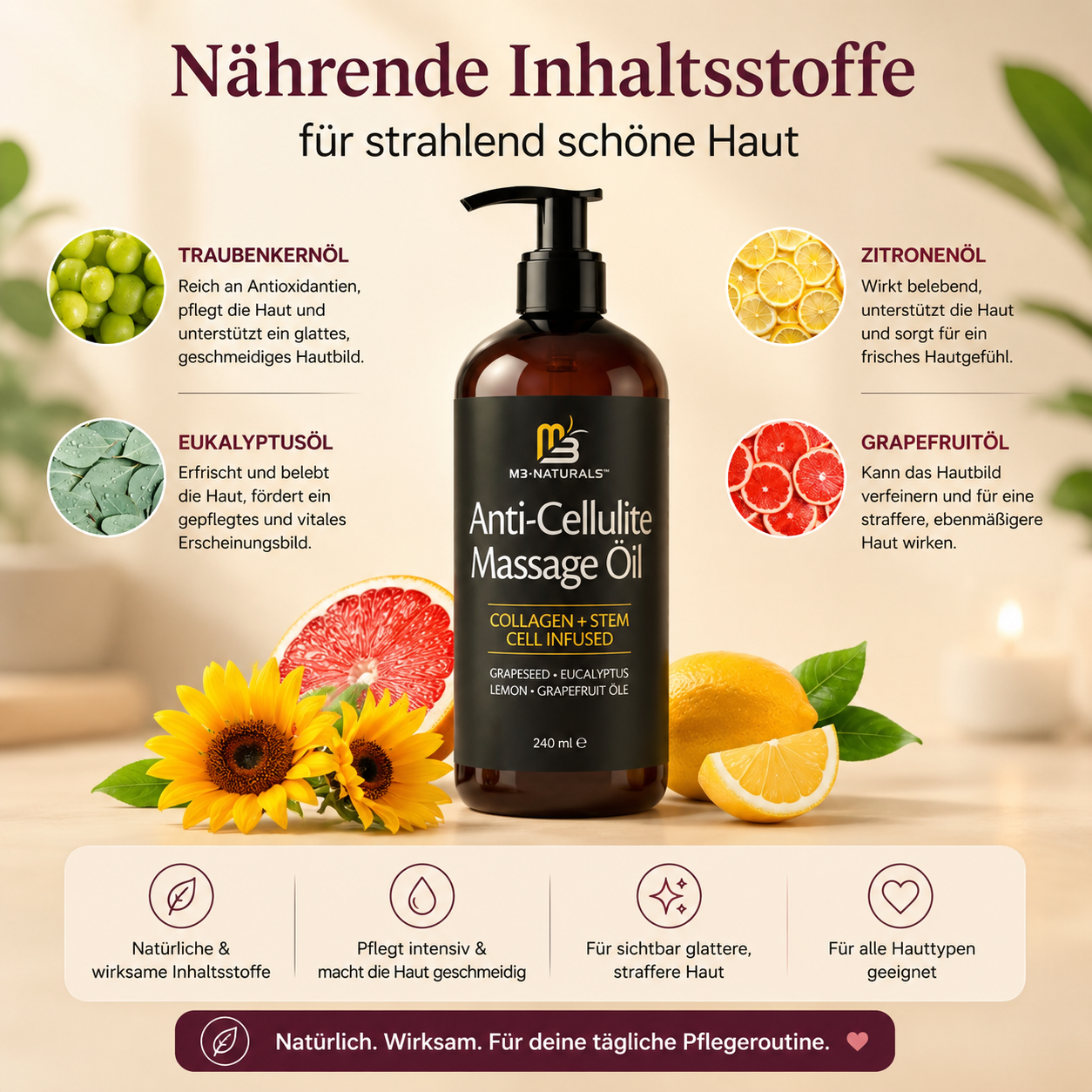 M3 Naturals Cellulite Massage Oil 8Oz - Smooth the Appearance of Cellulite - Body Care & Skin Care Massage Oil - Topical Collagen and Plant Stem Cell Body Oil to Restore Texture and Elasticity - Soothing Body Oil