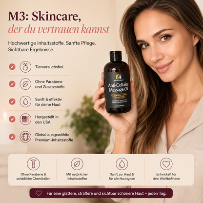M3 Naturals Cellulite Massage Oil 8Oz - Smooth the Appearance of Cellulite - Body Care & Skin Care Massage Oil - Topical Collagen and Plant Stem Cell Body Oil to Restore Texture and Elasticity - Soothing Body Oil